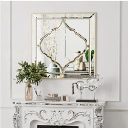Wall Art Mirror Elegant Square Wall Silver Glass with Golden Rim Decorative Accent Mirror 31.5”