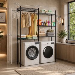 Over Washer and Dryer Storage Shelves, 5 Tiers Laundry Room Drying Rack with Hanger Rod and Hooks, Two Rows Adjustable Washer Shelves Space Saver, for
