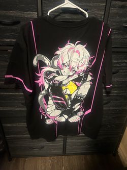 Black Anime Graphic T-Shirt Pink Accents