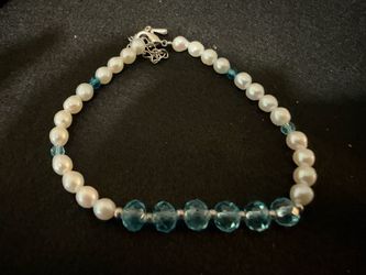 Authentic Freshwater Pearl & Blue Bead Bracelet β Adjustable