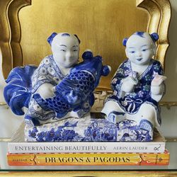 Vintage 1960s Large Ceramic Asian Boy and Girl Statues - Pair