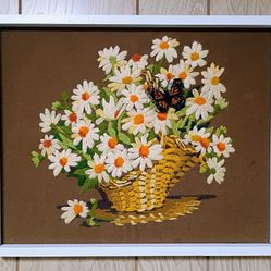 Mid Century Vintage Kitsch Crewel Embroidery Art Basket of Daisies Flowers w 3D Butterfly 