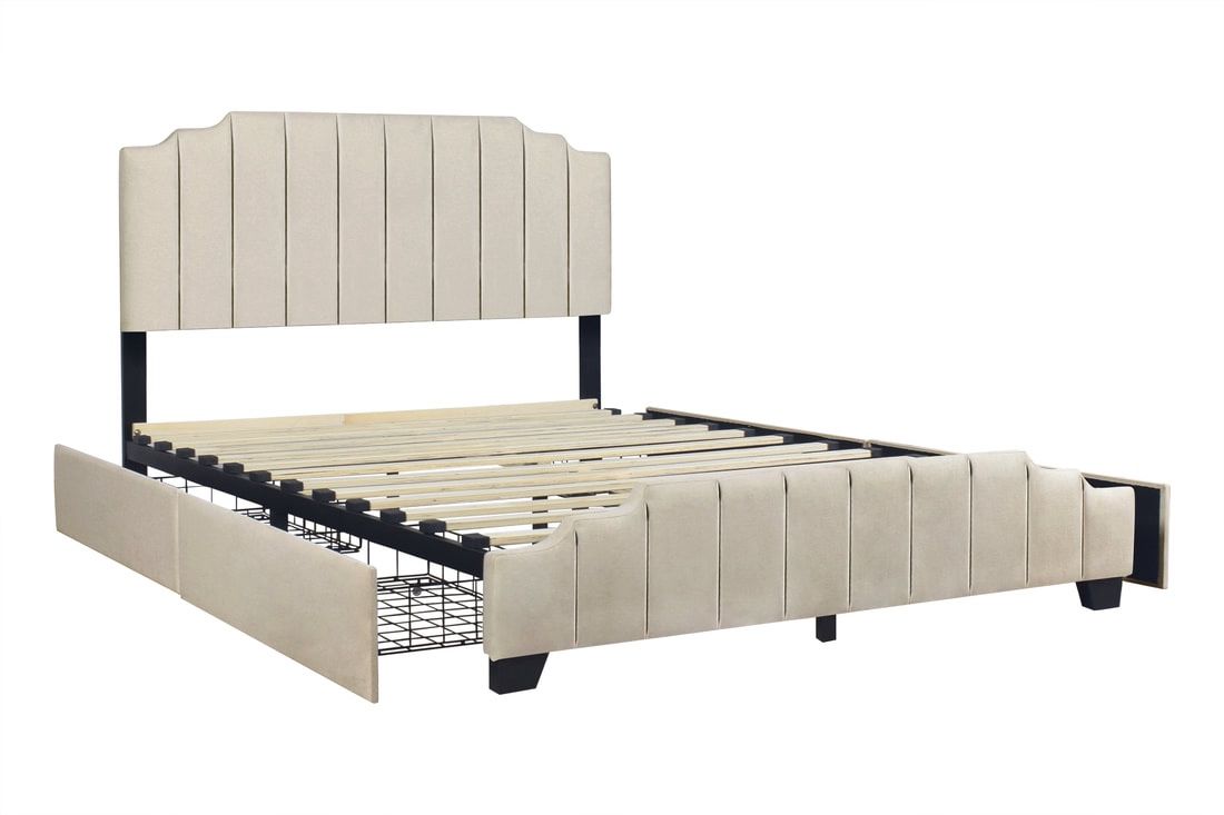 NEW IN BOX Platform Beige Bed Frame- Queen, King with Side Drawer Storage