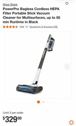 Shop Shark PowerPro Bagless Cordless HEPA Filter Portable Stick Vacuum Cleaner for Multisurfaces, up to 50 min Runtime in Black * **** (193) V Questio