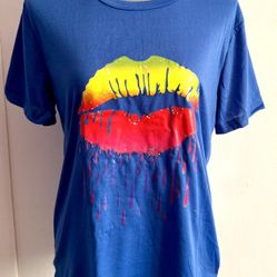Blue Lip Print Shirt, Medium 