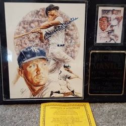 Mickey Mantle autographed photo mounted on plaque with coa