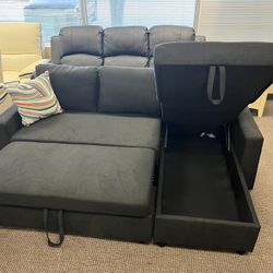 New Black Sofa Bed Sectional Reversible Sleeper Couch Include Storage Chaise And 2 Pillows 
