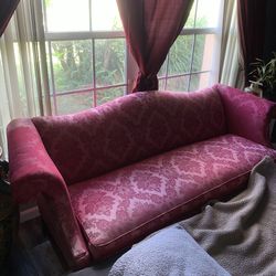 Henredon Vintage Red Damask Upholstered Federal Sofa Couch