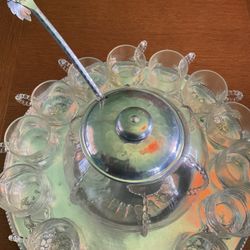 Vintage Punch Bowl With Lid, Ladle And Tray Plus 14 Glass Cups