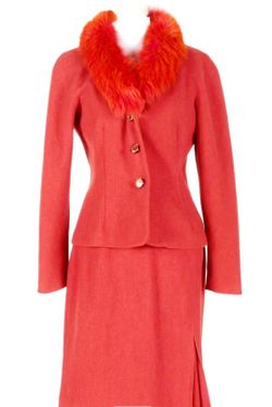 New Skirt Jacket  Suit by KAY UNGER Real fox fur trim s 8