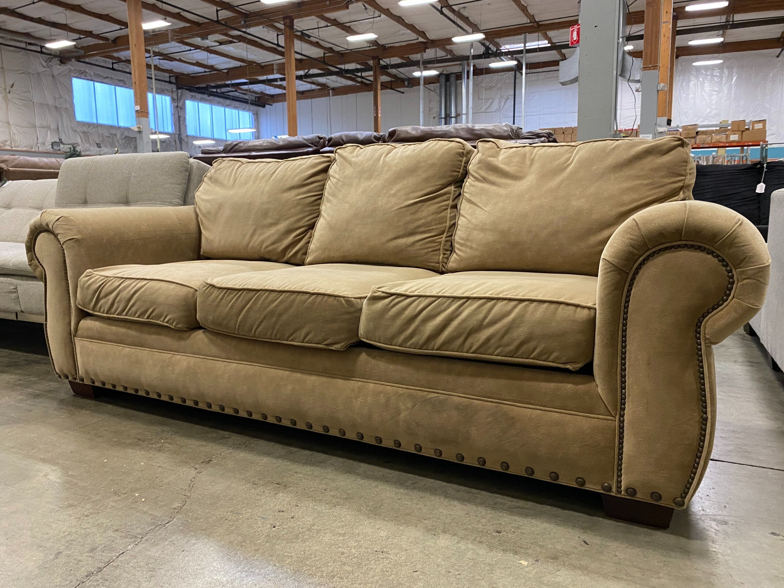BROYHILL Tan Upholstered 3 Seat Sofa with Nailhead Trim