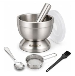 18/8 Stainless Steel Mortar and Pestle Set, 4.6 Inch, 6-Piece with Lid, 2 lb Anti-Slip Garlic Crusher, Herb Grinder and Spice Grinder Bowl with Lid, S