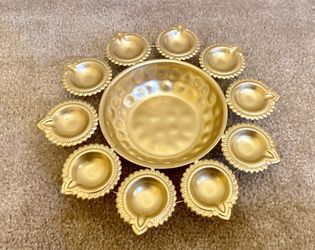 Handcrafted Metal Urli Bowl with (10 Diyas) for Floating Flowers & Tea Light Candles[12inches~ GOLD]