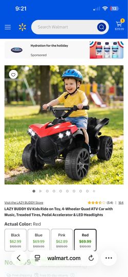 LAZY BUDDY 6V Kids Ride on Toy, 4-Wheeler Quad ATV Car with Music, Treaded Tires, Pedal Accelerator & LED Headlights