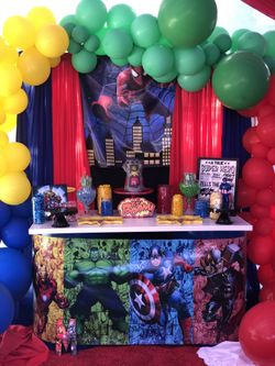 Balloon garland , candy table set up