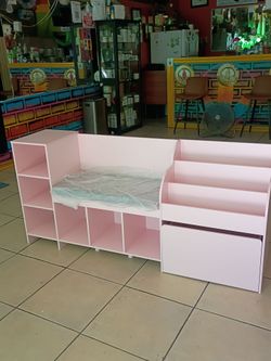 HOSTACK 67" W Kids Reading Nook with Bookshelf, Toy Storage Organizer, Pink
Cushioned Bench & Large Movable Toy Storage Box on Wheels, 6 Open Cubbies 