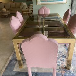 Hollywood Style Brass And Glass Dining Table With 6  Chairs ( Has Extensions To Fit Up To 12 )