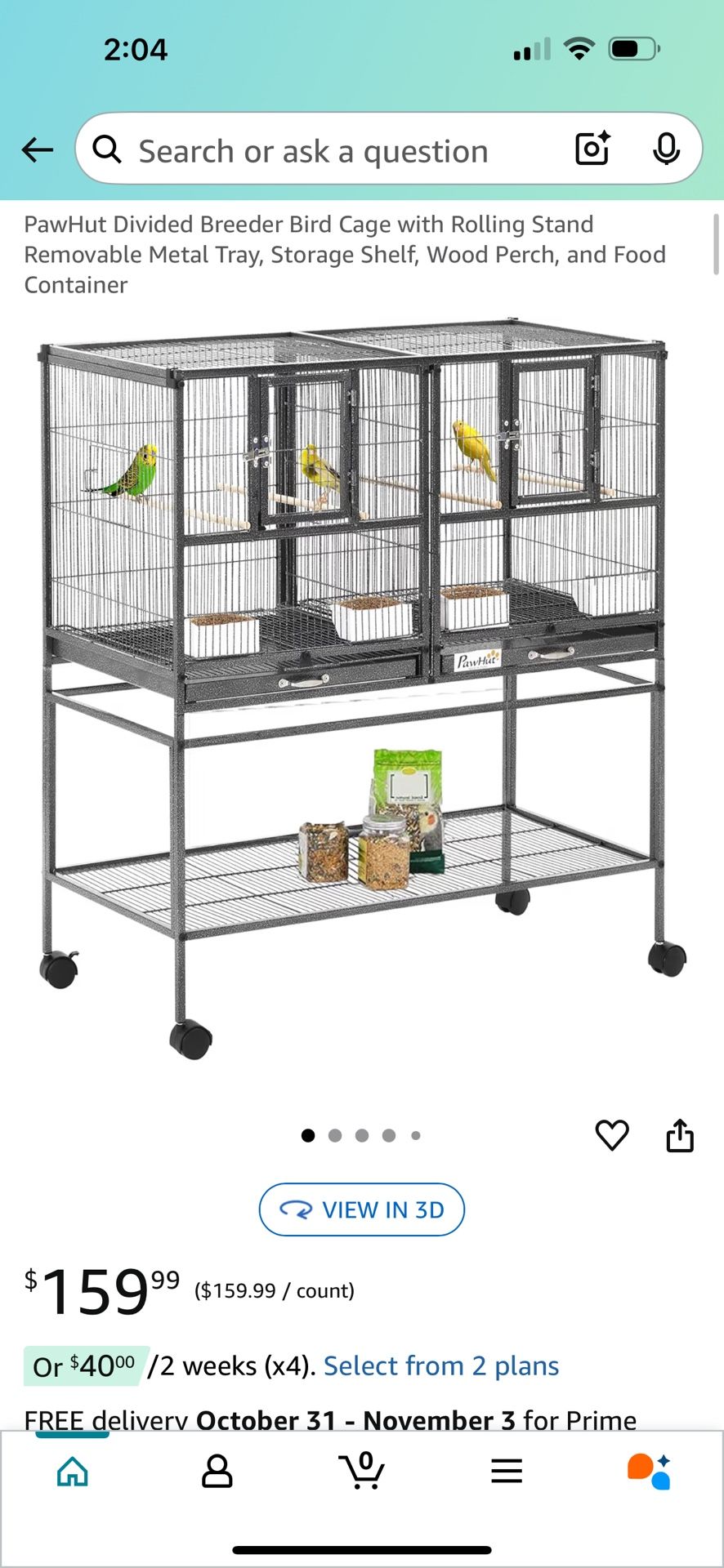 PawHut Divided Breeder Bird Cage with Rolling Stand Removable Metal Tray, Storage Shelf, Wood Perch, and Food Container