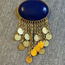 Charming 18k Solid Gold Pendant With Gold Sequins/blue Agate Stone 