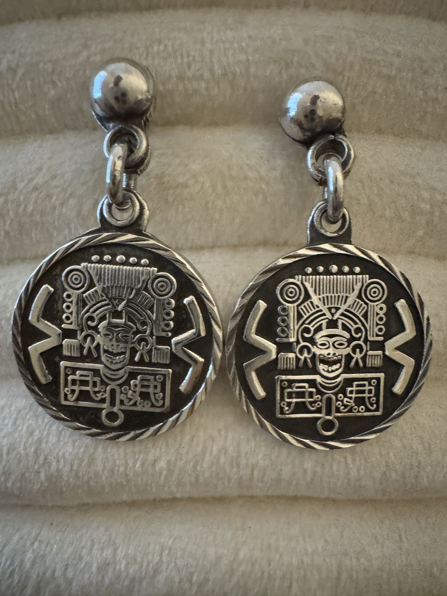 Mexico Sterling Silver Round Tribal Design Dangle Earrings