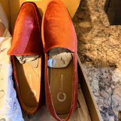velvet smoking loafers in a vibrant rust orange color.brand new