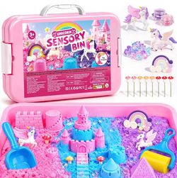 Unicorn Sensory Bin for Kids, Magic Sand Art Kit Gifts for Girls Ages 3+