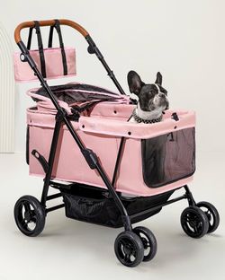 Pink Pet Stroller with Four Wheels