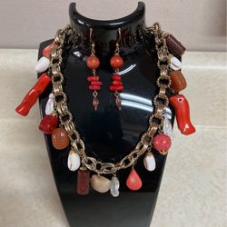 Showstopper Costume Coral, Stone And Shell Necklace And Earring Set