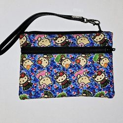 HELLO KITTY HAWAIIN TROPICAL FLOWERS BLUE CLUTCH BAG WALLET WITH DETACHABLE WRIST STRAP 