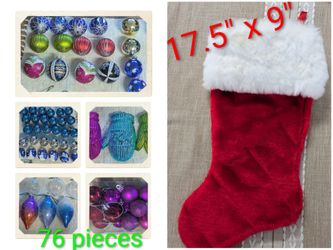 Assortment of 77 pieces Christmas Ornaments and Plush Stocking