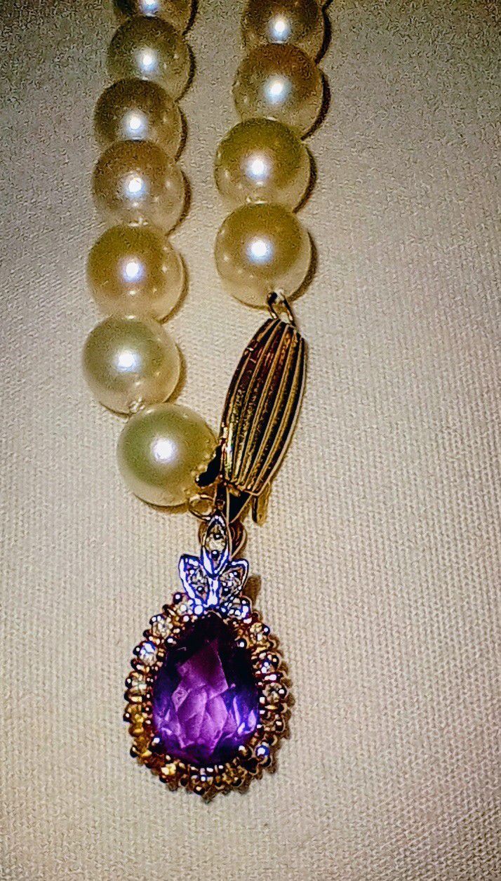 14k Single Strand Pearl Necklace With Amethyst 