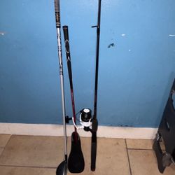 Fishing Rod And 2 Golf Clubs