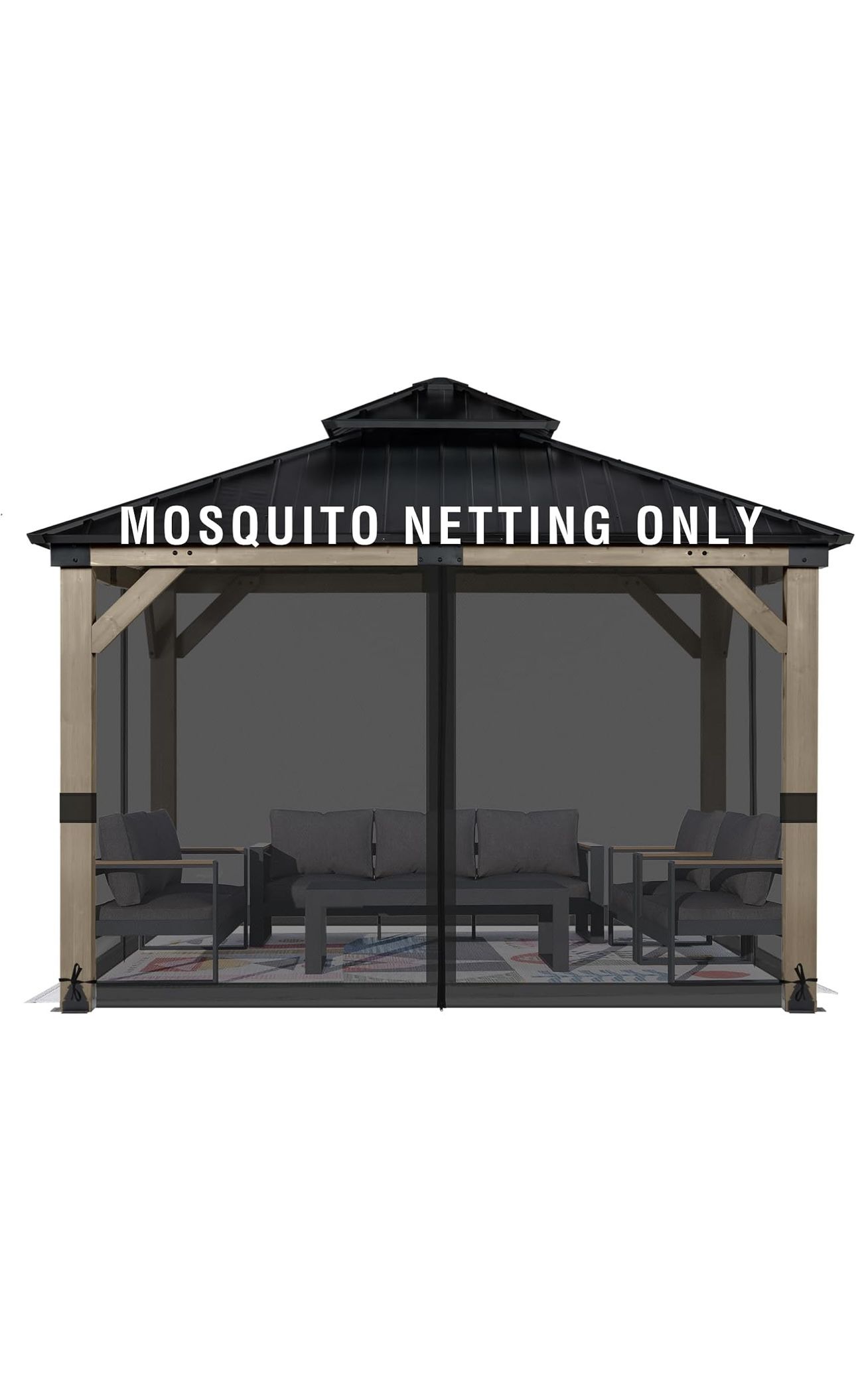 Aoodor Universal 10x10 ft Gazebo Mosquito Netting, Replacement 4-Panel Sidewalls with Double Zippers for Patio, Backyard, Deck, and Lawn (Netting Only