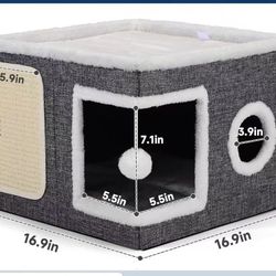 🥨Cat Beds for Indoor Cats, Large Cat Cave with Cozy Condo, Fluffy Hanging Ball, Round Window, Foldable Indoor Cat House Hold Up to 30LBS, Cat Hideawa