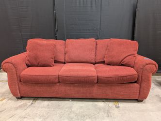 Red Textured Fabric Couch with Rolled Arms