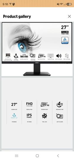 MSI MP273A Pro Series White Monitor 27" Monitor, 1920 x 1080 (FHD), IPS, 100Hz, TUV Certified Eyesight Protection, 4ms, Displayport, HDMI, Tilt