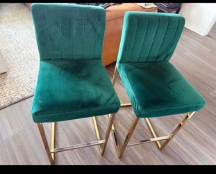 Green Velvet Bar Stools with Gold Legs – Set of 2