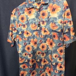 Bad Birdie Blue & Orange Floral Camp-Collar Polo Medium