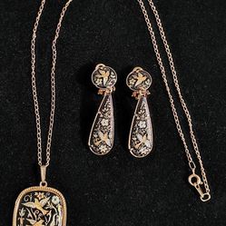 Damascene Birds, Flowers & Flower Design Matching Clip On Earrings And Pendant With 18" Metal Dorado Gold Tone Chain 