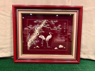 * Vintage Framed Chinese Seashell 3D Wall Art (“Double Crane”)