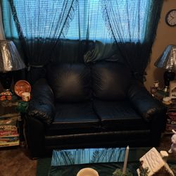 Love Seat Couch, 2 Black Lamps, 2 End Tables And A Bear Coffee Table
