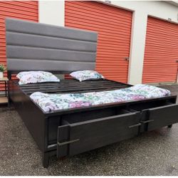 Ashley King Size Storage Drawers Platform Bed Frame With Upholstery Headboard 