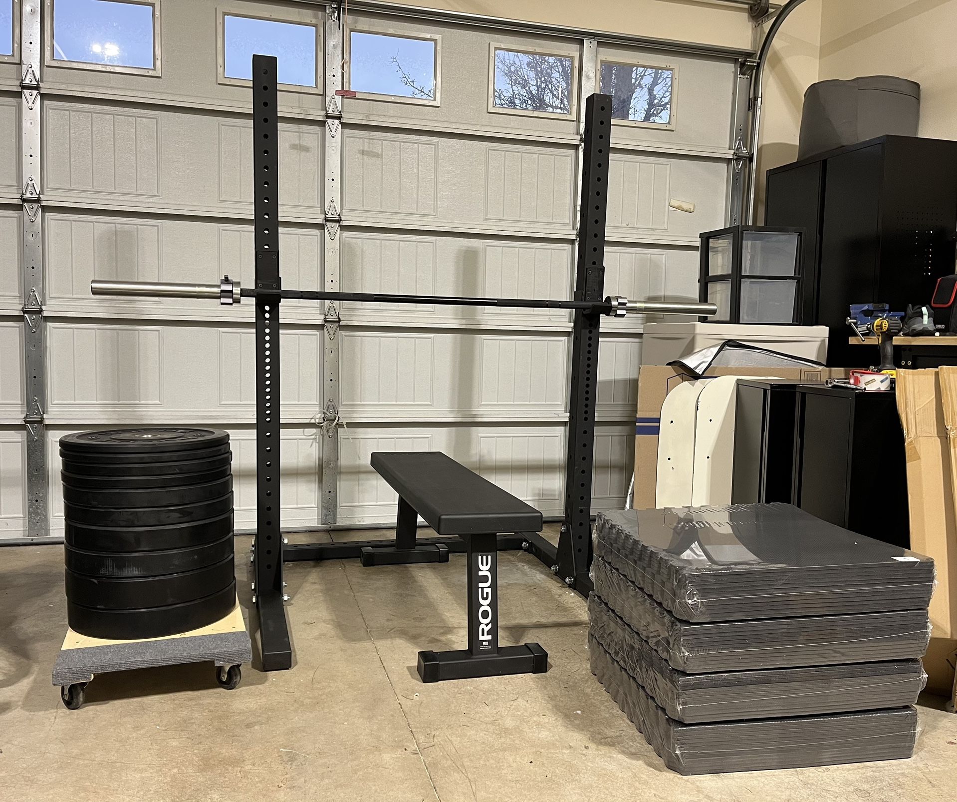 Rogue Fitness Complete Home Gym Setup 350lbs Weights Squat Stand Bench Flooring Etc.