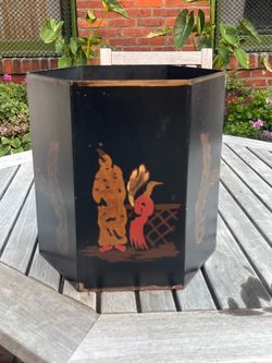 Vintage Chinoiserie Hexagonal Black Tole Trash Can / Planter Handpainted Asian