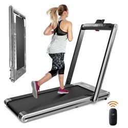 Folding Treadmill Running Machine Dual Display Screen for Home and Office Fitness Workout, 110 Lbs. Capacity, Silver