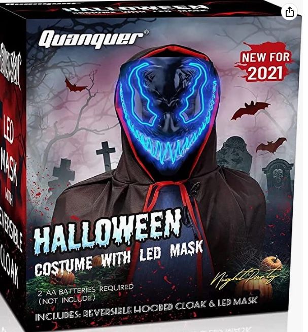 New Costume Mask LED Light Up Mask with  Reversible Hooded Cape Cloak for Festival Cosplay