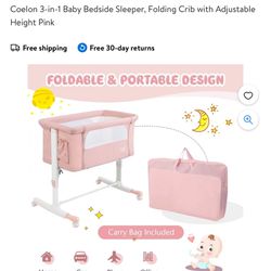 Coelon 3-in-1 Baby Bedside Sleeper, Folding Crib with Adjustable Height Pink 