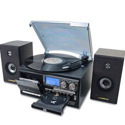 Vinyl Record Player with Dual 15W External Speakers 10 in 1 3 Speed Bluetooth Vintage Turntable CD Cassette Player AM/FM Radio USB Recorder Aux-in RCA
