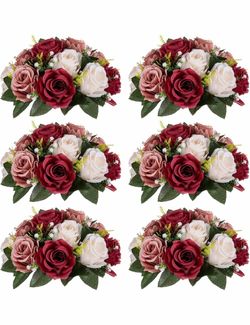 Nuptio Artificial Flower Centrepieces for Tables - 6 Pcs Burgundy & Dusty Rose & Creamy White Fake Flowers Roses Balls 9.5in Diam - Silk Faux Rose Arr
