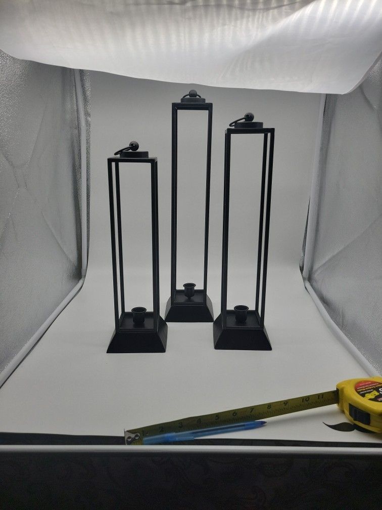 New, Set Of 3 Black Iron, Taper Candle Holders With Handles
